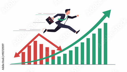 Businessman jumping from a falling red bar chart to a rising green arrow graph, representing financial recovery, investment growth, stock market success, economic progress, and business growth.