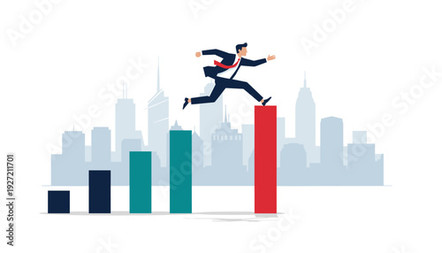 Businessman Jumping Over Gap in Growth Bar Chart Vector Illustration. Concept of Rapid Business Growth, Career Advancement, Financial Success, Overcoming Obstacles, and Reaching New Heights in City.