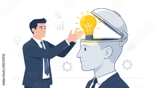 Businessman Inserting a Glowing Light Bulb of Idea into an Open Human Head, Representing Business Creativity, Innovation, Knowledge Transfer, Mentoring, Brainstorming, and Professional Growth.