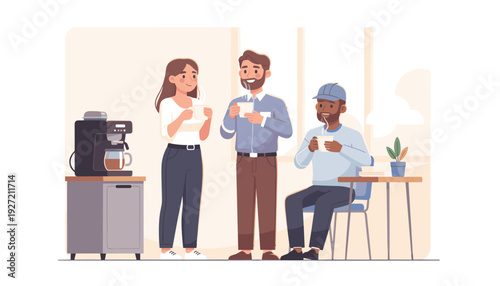 Diverse Office Colleagues Enjoying a Coffee Break Together in a Modern Workspace; Happy Coworkers Socializing, Holding Mugs, and Relaxing Near a Coffee Machine in a Flat Vector Illustration.