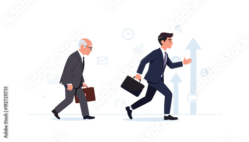 Young Energetic Businessman Running Forward and Replacing an Older Tired Businessman Carrying a Briefcase, Concept of Career Progression, Retirement, Succession Planning, and Business Growth.