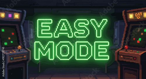Retro arcade neon sign saying easy mode with vintage game machines
