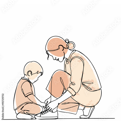 A mother is tying the shoelaces of her son, a tender moment of care and affection. The scene shows the nurturing bond between a mother and child