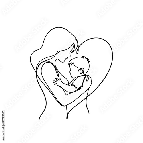 A minimalist line art illustration of a mother holding baby on transparent background