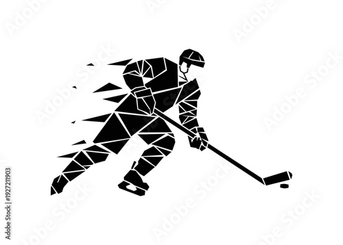 Geometric silhouette of ice hockey player in action with dynamic shattered polygon effect