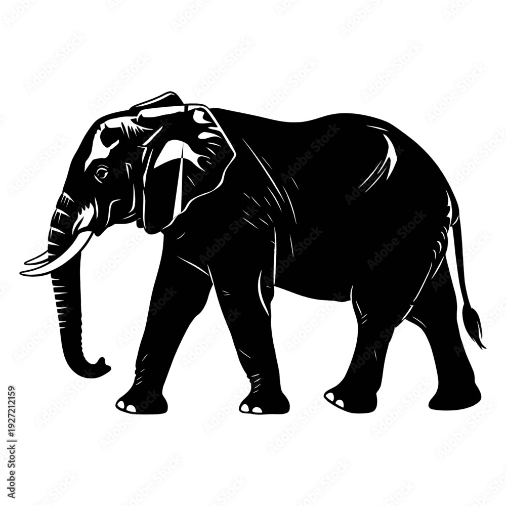Fototapeta premium Black Elephant Silhouette Standing on White Background.