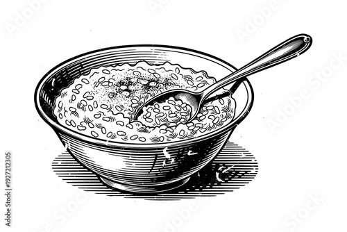 Vintage engraving style bowl of porridge with spoon