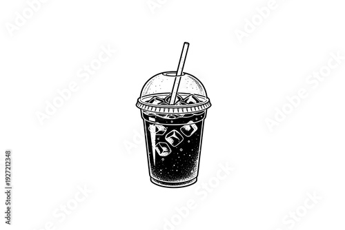 Hand drawn iced beverage with straw in plastic cup with lid