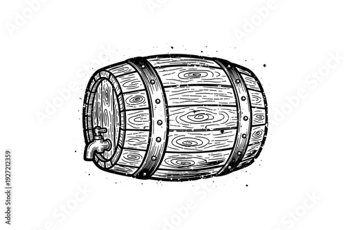 Rustic wooden barrel with tap in vintage engraving style