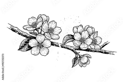 Detailed black and white line art of blossoming flowers on branch