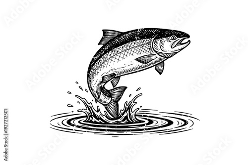 Dynamic black and white salmon jumping out of water with splashing effect