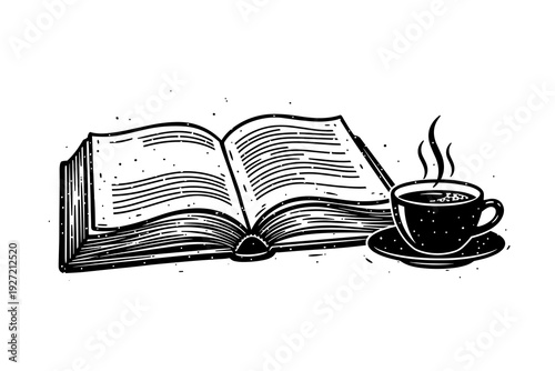 Vintage open book with steaming coffee cup in retro sketch style