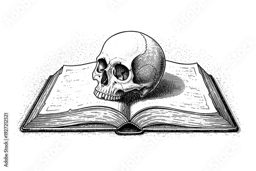 Vintage skull on open book in detailed engraving style