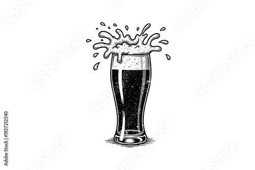 Vintage beer glass with splashing foam in detailed ink style