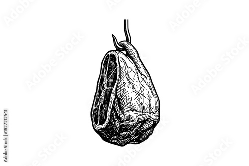 Detailed hand drawn engraving of hanging ham with rope on white background