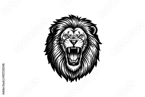 Intricate black and white roaring lion head design