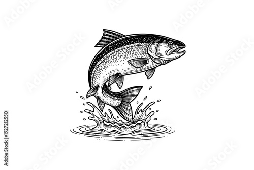 Detailed black and white drawing of leaping fish with water splash