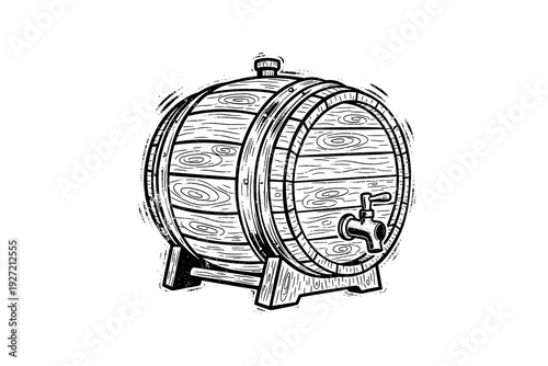 Hand drawn wooden barrel with tap on stand in retro style