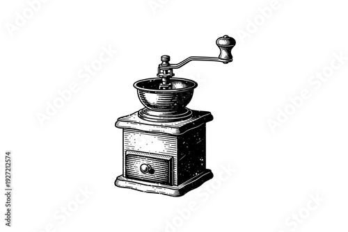 Vintage coffee grinder sketch with hand crank and drawer in black and white