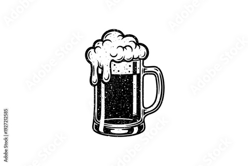 Vintage hand drawn beer mug with frothy foam
