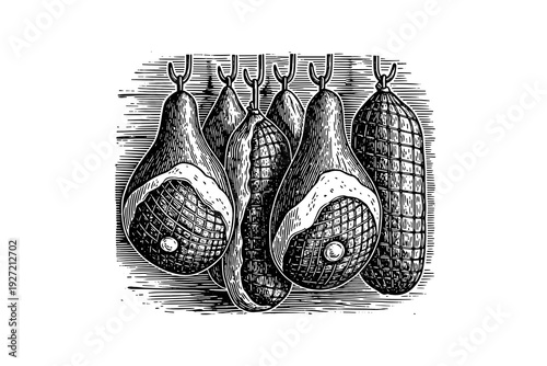 Vintage ham and sausages hanging in rustic woodcut style artwork