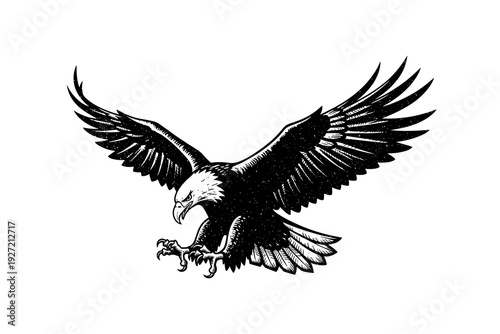 Majestic eagle in mid-flight with outstretched wings depicted in intricate black and white ink art