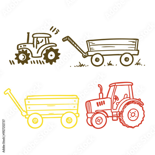 A tractor is pulling a wagon. The tractor is yellow and the wagon is red. The tractor is in the middle of the image
