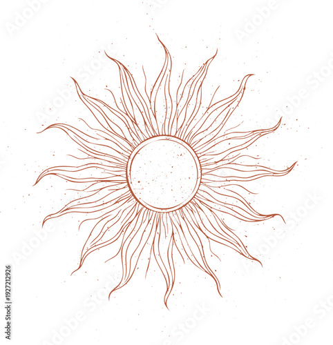 A sun drawn on a white background. The sun is orange and has a lot of detail. The sun is surrounded by a lot of lines