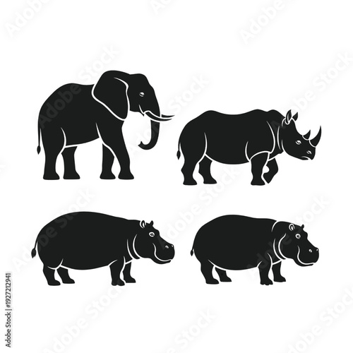 Vector Silhouettes of Elephant and Rhinoceros.