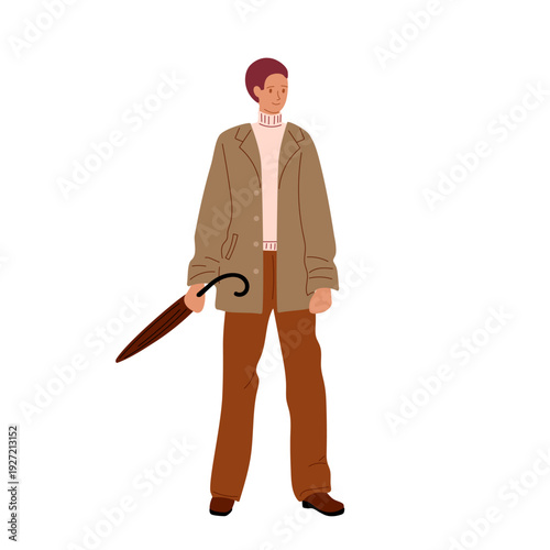 Fashion clothes for men. Light coat for spring or autumn season. Young man demonstrating fashionable look with umbrella