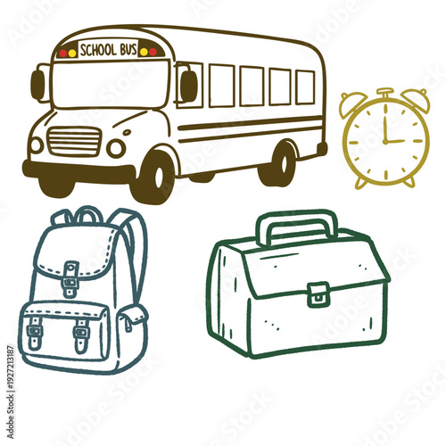 A school bus is shown with a backpack and a briefcase. The briefcase is on the right side of the bus
