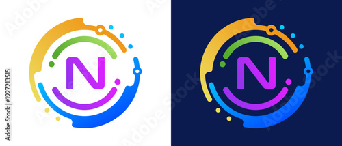 Modern letter “N” logo with circular abstract elements and colorful gradient design,
