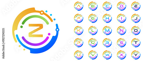Colorful futuristic alphabet logo set A–Z with circular tech shapes and smooth gradient orbits. Clean modern vector letter icons ideal for branding, apps, startups, digital technology,