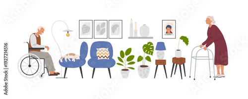 Two elderly people apartment. Two seniors, man and woman. Household furniture, home flowers, home decor. Elderly couple at home.