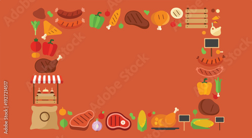 A vibrant vector frame showcases a variety of market foods, including grilled meats, fresh vegetables, and a food stall, set against a warm orange background.