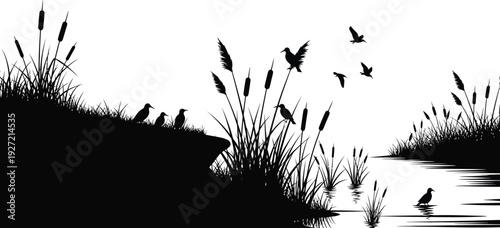 Black silhouette of reeds birds and water landscape depicting a tranquil scene on transparent background high quality professional detailed modern elegant