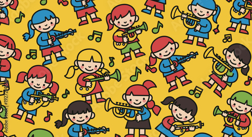 A cheerful cartoon girl plays a trombone, exuding joy and creativity in a vibrant, playful setting.