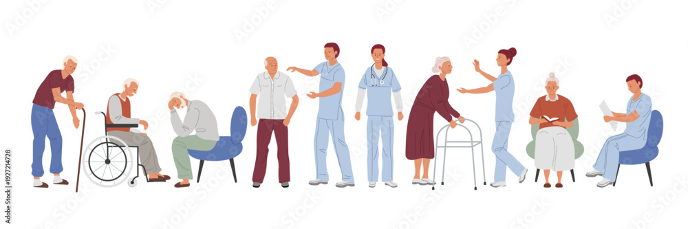 Obraz premium Nursing home. Elderly men and women in various activities with medical staff in specialized medical attire, elderly care concept.