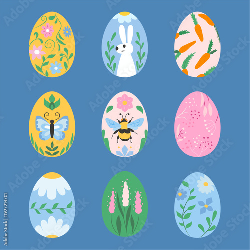 Set of nine decorated Easter eggs with floral, animal and carrot patterns on blue background. Concept of Easter holiday design