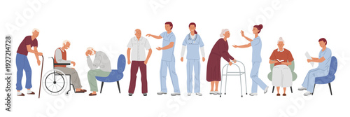 Nursing home. Elderly men and women in various activities with medical staff in specialized medical attire, elderly care concept.
