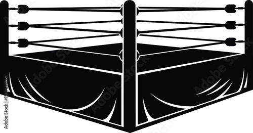 Black and white wrestling ring with ropes and corner posts a stylized graphic illustration on transparent background silhouette high quality professional