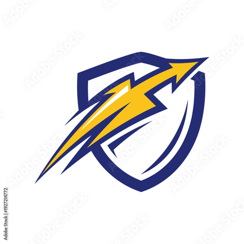 Shield with lightning bolt and arrow graphic.