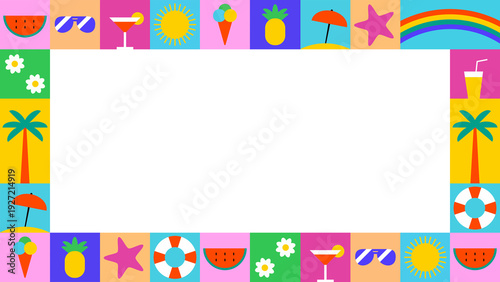 Obraz na plátně Big frame with summer geometric, minimalist, beach and tropical icons, simple shapes