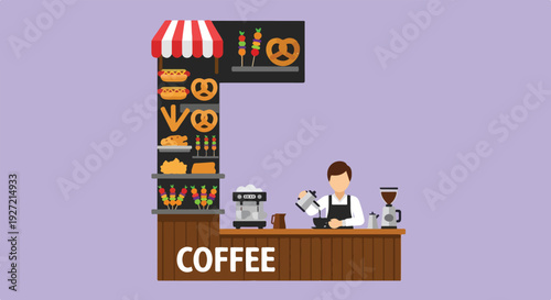 A vibrant illustration of a coffee and snack stand, showing a barista preparing a drink with various hot dogs, pretzels, and skewers displayed.