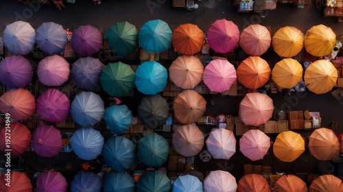 Colorful umbrellas cover a market scene during the daytime in a busy outdoor market