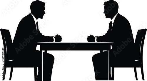 Two business professionals in suits facing each other across a table engaged in discussion on transparent background silhouette high quality professional
