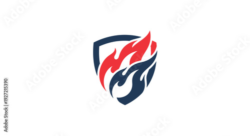 Shield with flames logo on white background.