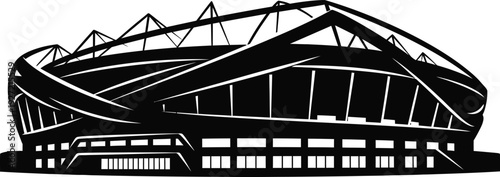 Detailed black and white silhouette of a modern stadium with a complex roof structure on transparent background high quality professional detailed