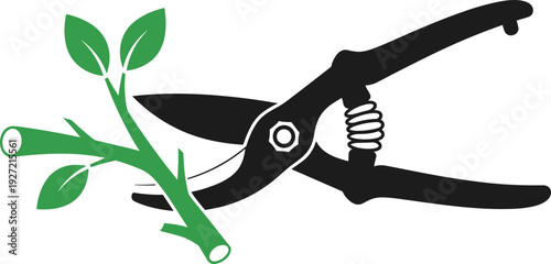 Garden shears trimming green branch, simple graphic illustration
