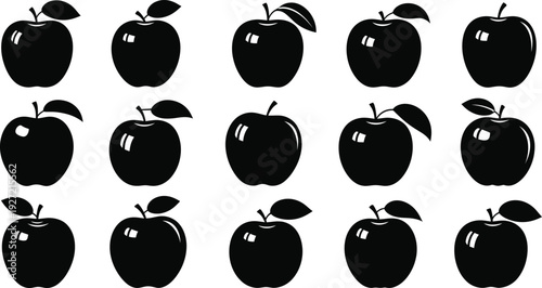 A collection of black apple silhouettes with leaves varying slightly in pose and angle on transparent background high quality professional detailed